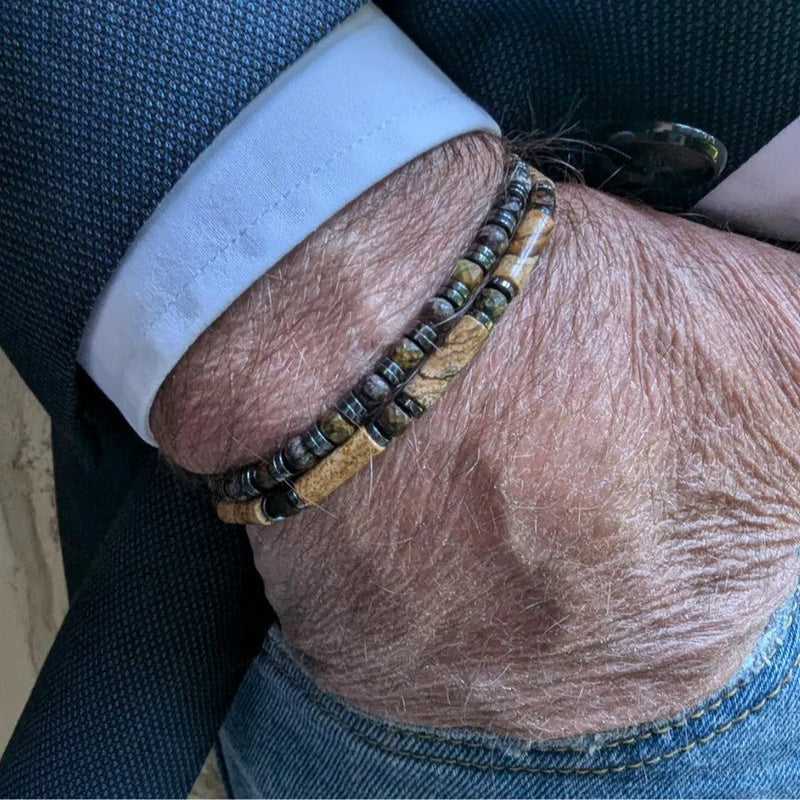 Set of two men's bracelets with braided cord and natural beads, dark stone composition, authentic look, Myros model