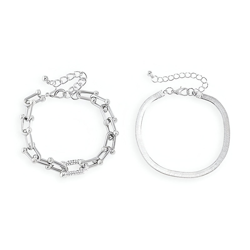 Duo de bracelets mousqueton en acier inoxydable argenté, un à maillons carrés et un lisse.