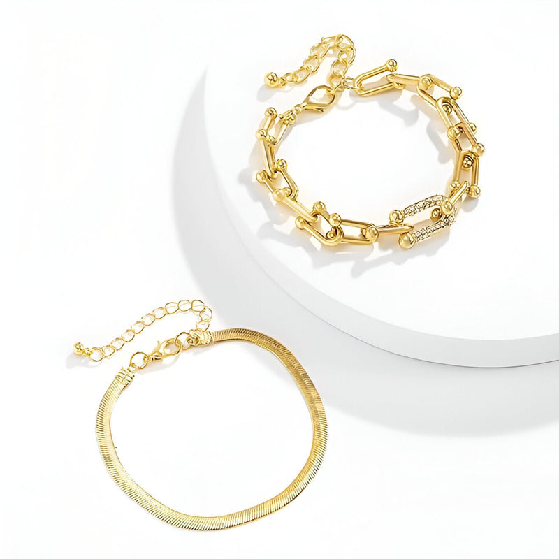 Duo de bracelets pour femme en acier inoxydable doré, mousquetons et maillons élégants, or et argent.