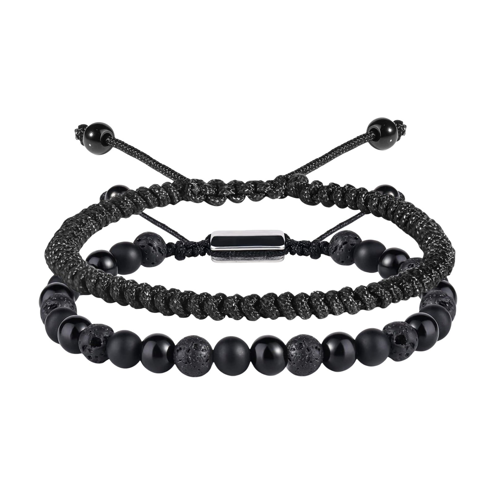 Duo de bracelets homme noirs, l’un en perles mates en pierres naturelles, l’autre en fil ciré tressé avec perles et fermoir.