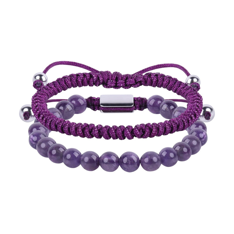 Duo de bracelets pour homme en pierres violettes naturelles et fil ciré violet tressé avec perles argentées et fermoir.