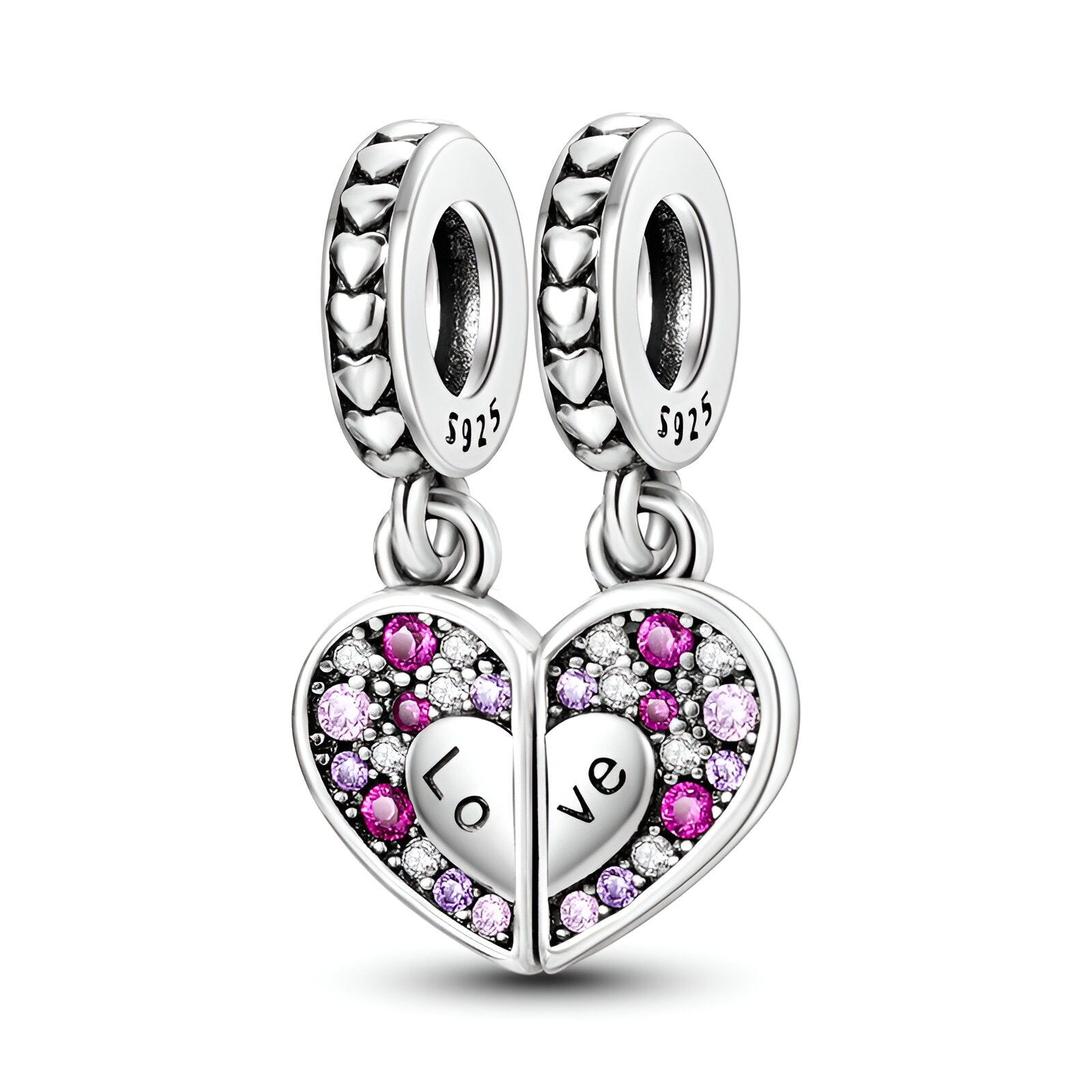 Pendentif duo cœur mère-fille en argent avec pierres roses et blanches, inscription Love.