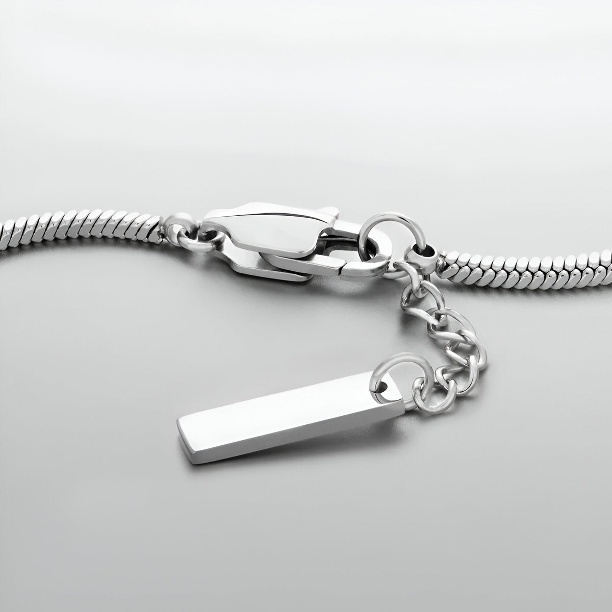Bracelet homme en acier inoxydable, jonc maille serpent argenté avec chaîne de réglage et plaque rectangulaire lisse.