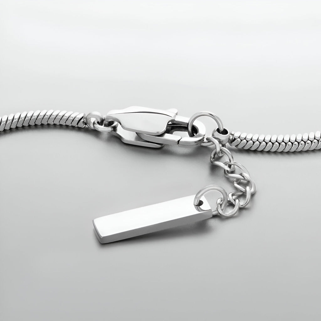 Bracelet homme en acier inoxydable, jonc maille serpent argenté avec chaîne de réglage et plaque rectangulaire lisse.