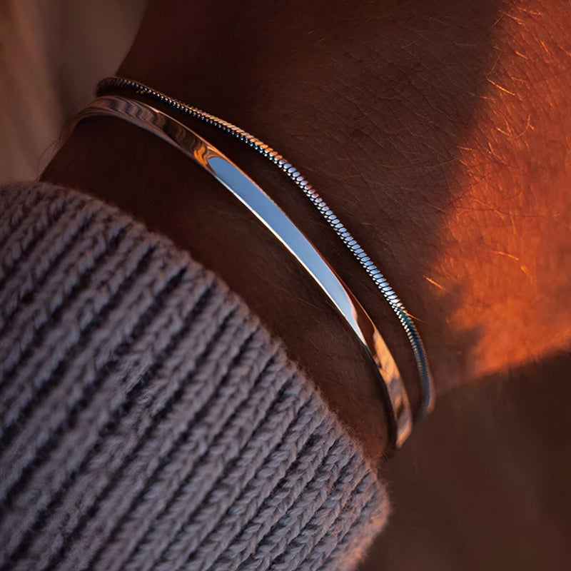 Dúo personalizado de pulseras en acero inoxidable, tipo brazalete y cadena, para hombre, modelo Tiako