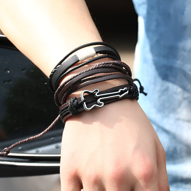 Set van 3 leren armbanden, gitaarbedel, gemengd, Jimi-model