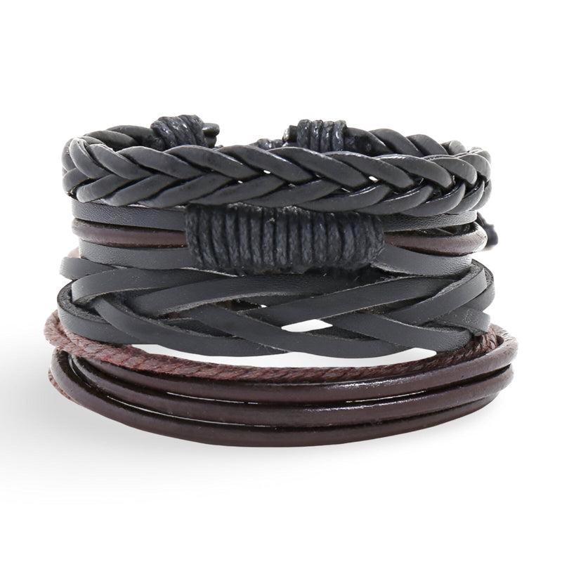 Ensemble de 4 bracelets en cuir noir, style vintage, tressés et unis, modèle mixte Tagan.