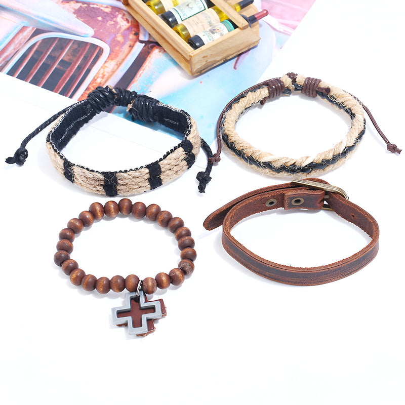Ensemble de 4 bracelets marron en bois, cuir et corde, avec charm croix, modèle mixte Elian.