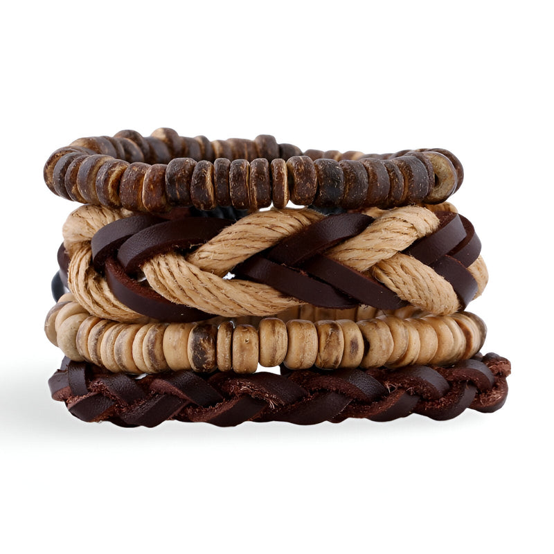 Ensemble de 4 bracelets marron en corde tressée et anneaux en noix de coco, style naturel mixte.