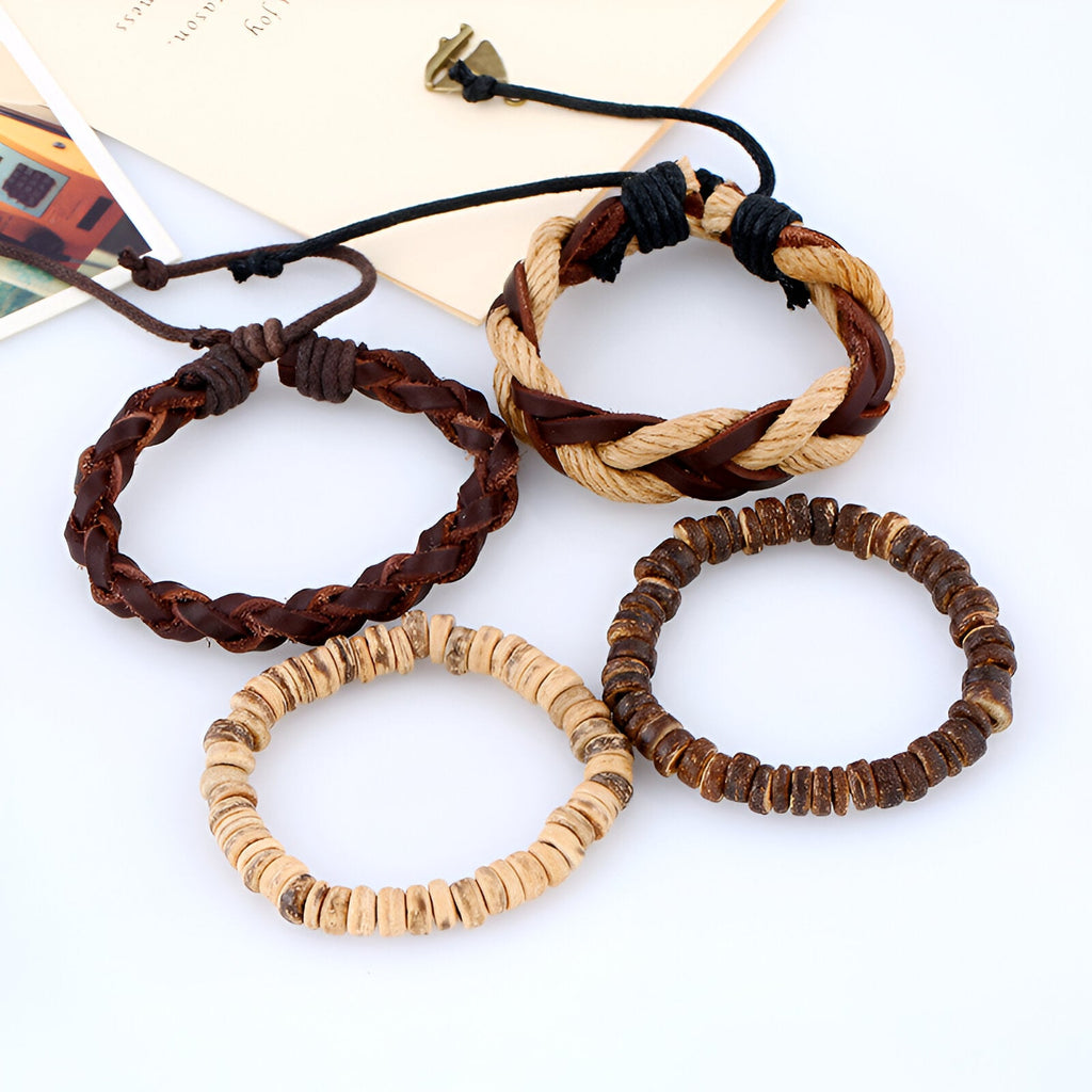 Ensemble de 4 bracelets en corde tressée et noix de coco beige et marron, style naturel mixte.