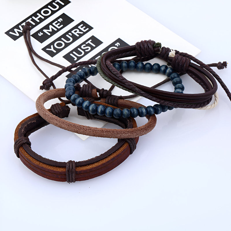 Ensemble de 4 bracelets homme en cuir marron et perles de bois bleu foncé, style décontracté et élégant.