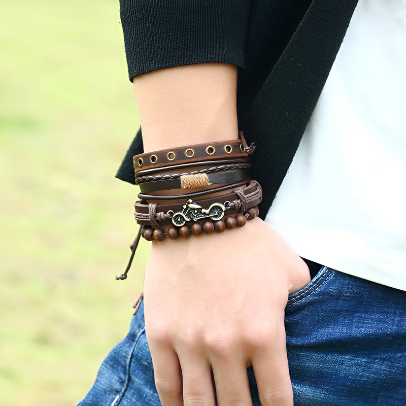 Set van 4 leren en houten armbanden, motormotief, voor heren, model Arlo
