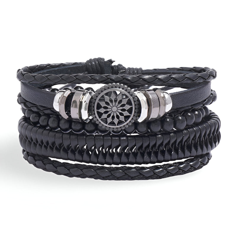 Ensemble de 4 bracelets noirs en microfibre et bois avec motif mandala central argenté, styles tressés et perles mates.