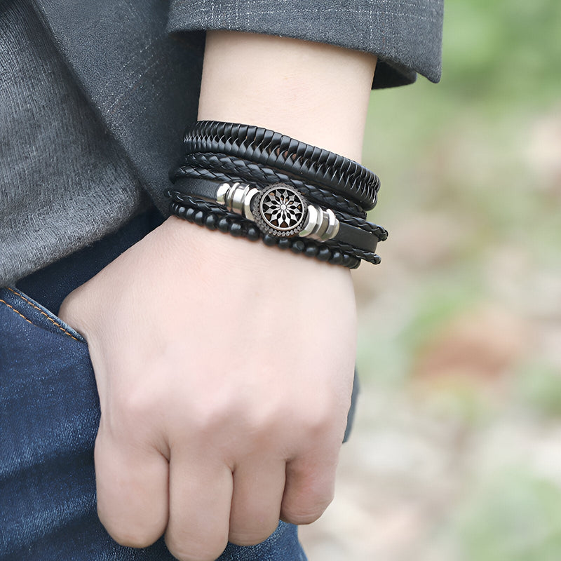 Pack de 4 pulseras de microfibra y madera, diseño mandala, unisex, modelo Zamla