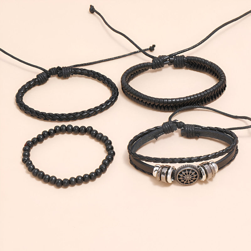 Ensemble de 4 bracelets noirs en microfibre et bois avec design mandala, styles tressé, perlé et multi-brins.