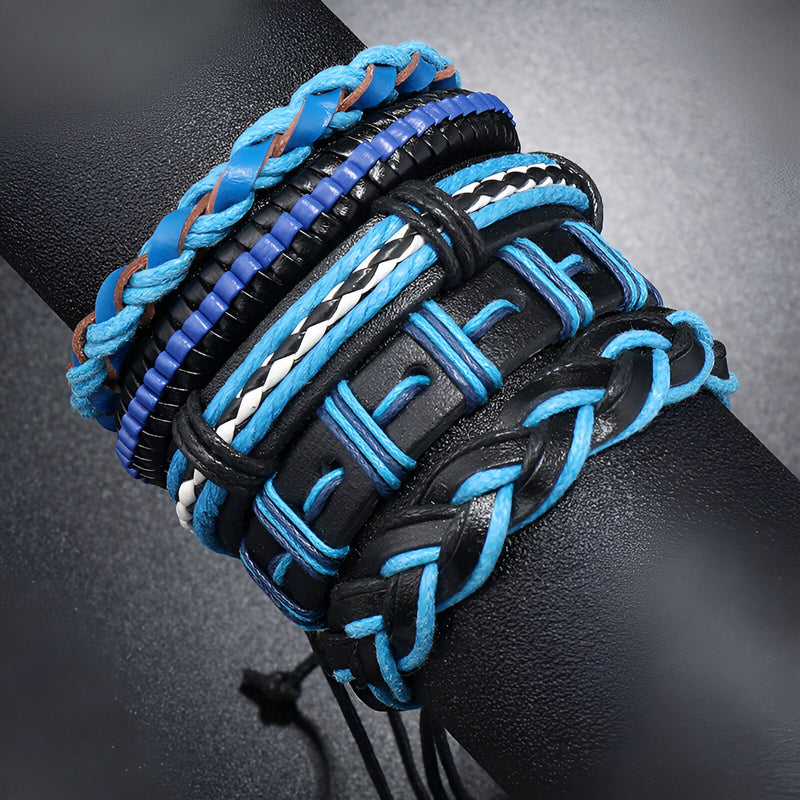 Ensemble de 5 bracelets bleus mixtes avec tressages et coutures sur cuir noir.