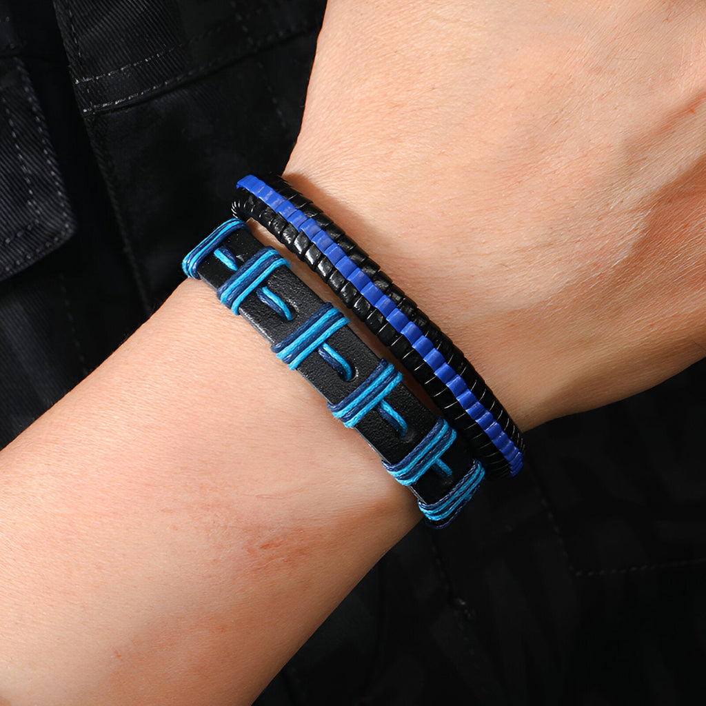 Ensemble de 3 bracelets bleus, cuir tressé et perles, style mixte Gentry.