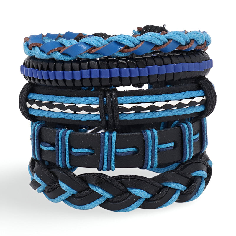 Ensemble de 5 bracelets bleu et noir, en cuir tressé et cordon, style mixte Gentry.