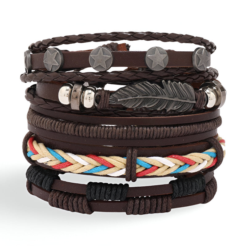Ensemble de 5 bracelets marron en microfibre avec plumes et étoiles argentées, style mixte.
