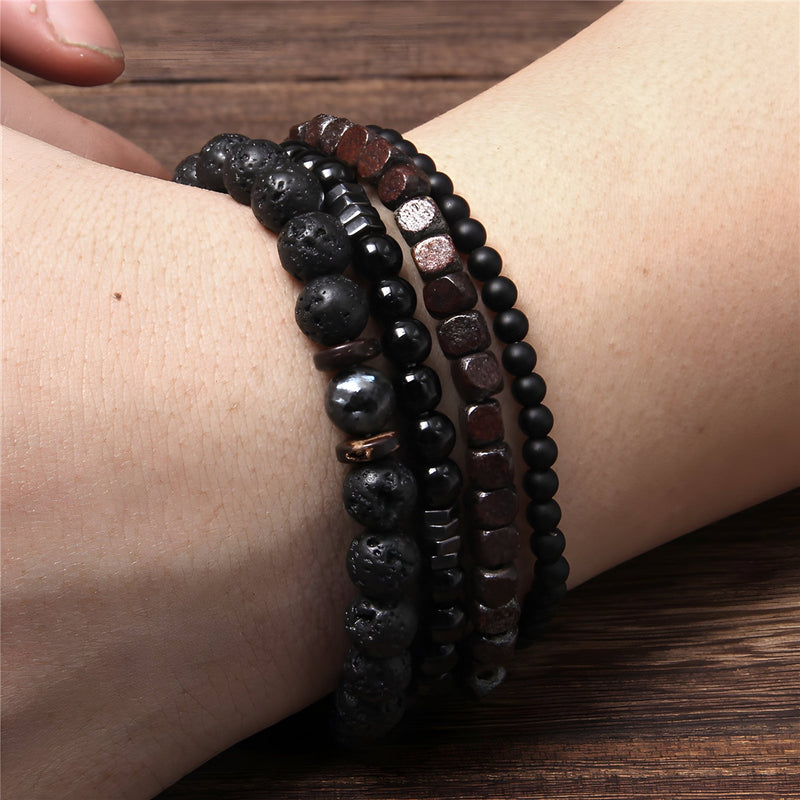 Conjunto de pulseras de madera y piedras volcánicas para hombre, modelo Milan