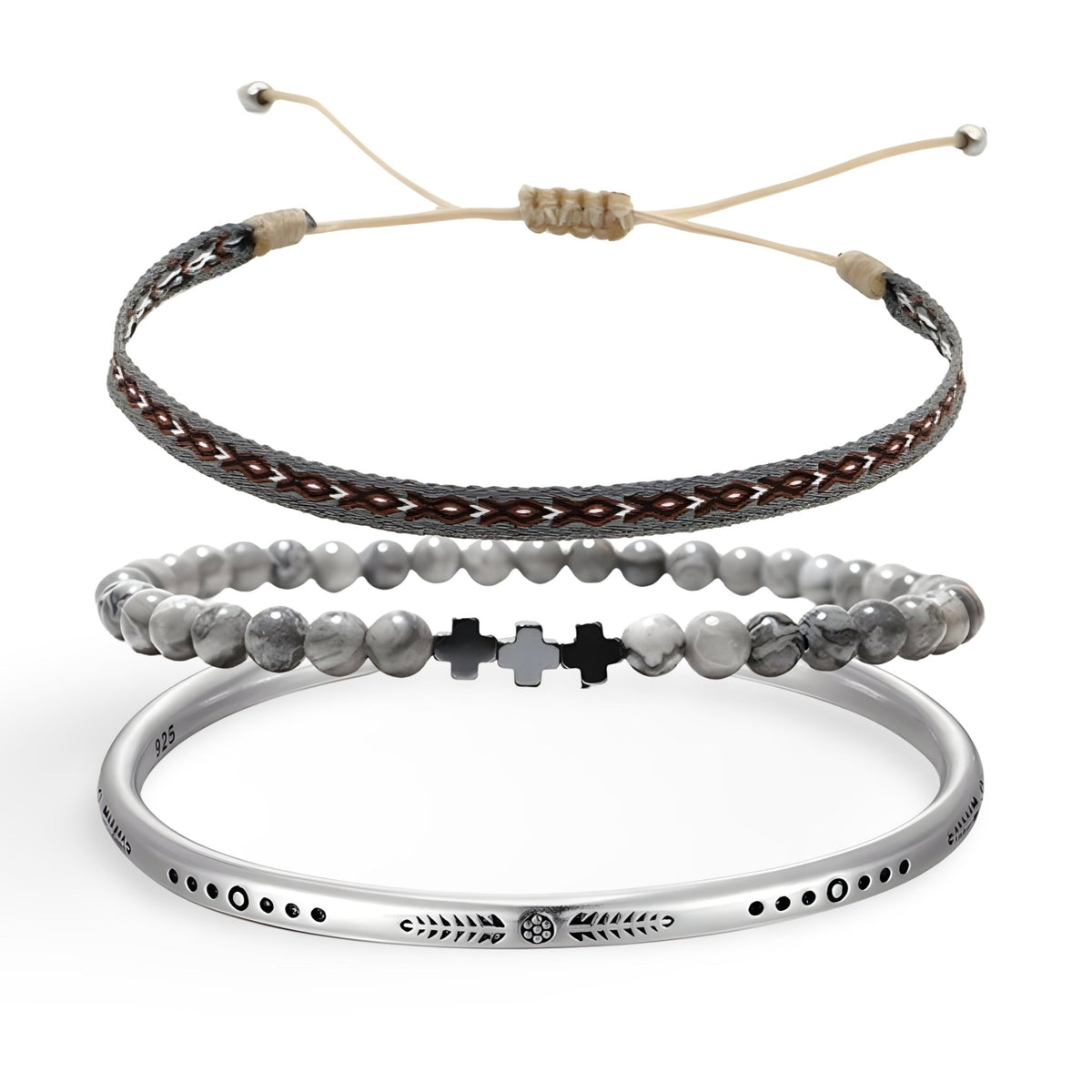 Trio de bracelets gris, cuir tressé, perles de jaspe avec croix noire, jonc argenté gravé.