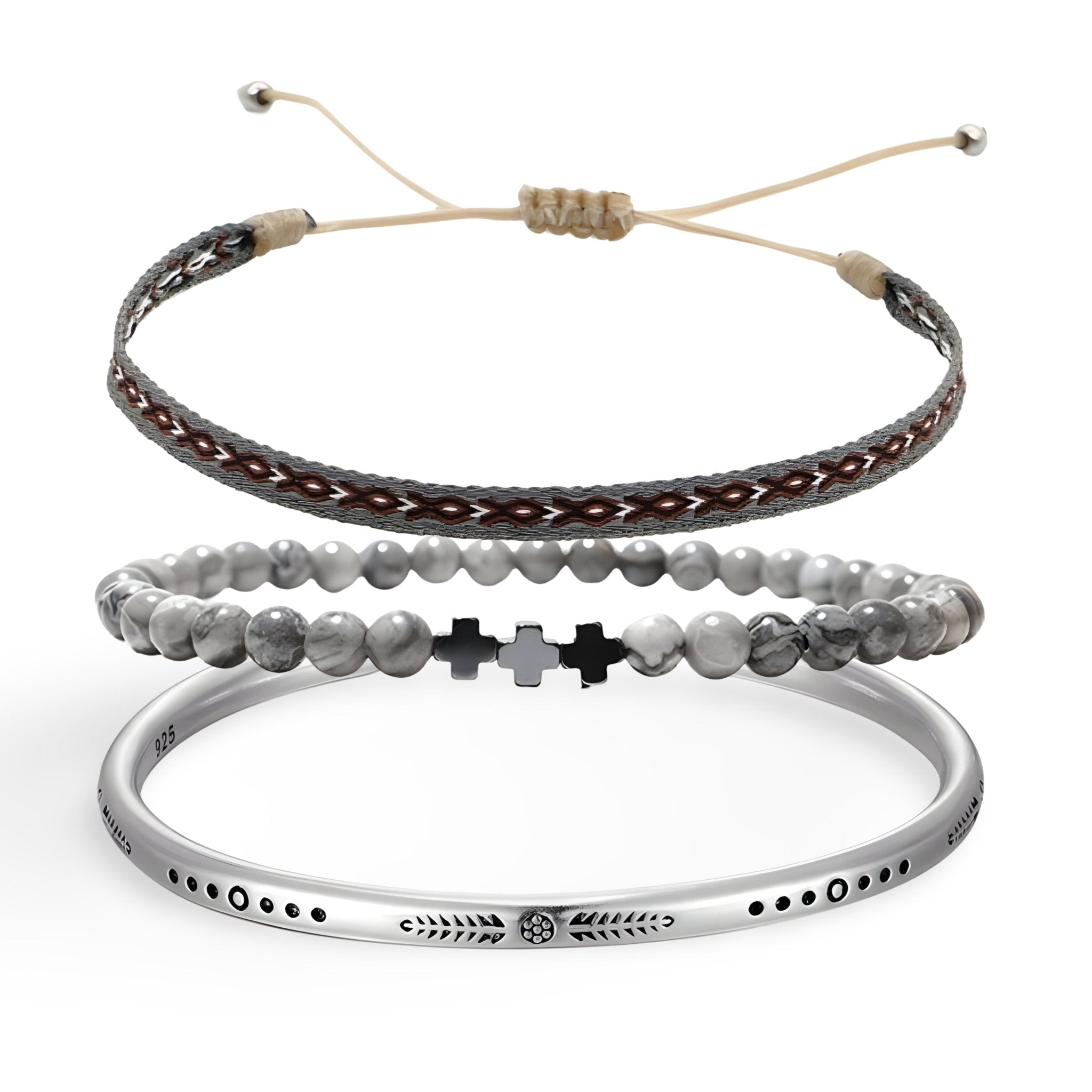 Trio de bracelets gris, cuir tressé, perles de jaspe avec croix noire, jonc argenté gravé.