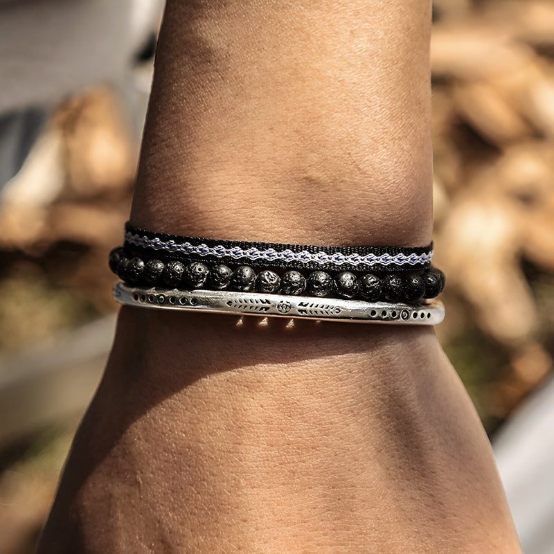 Trio de pulseras tibetanas de la suerte, piedras volcánicas y plata, para hombre, modelo Steven