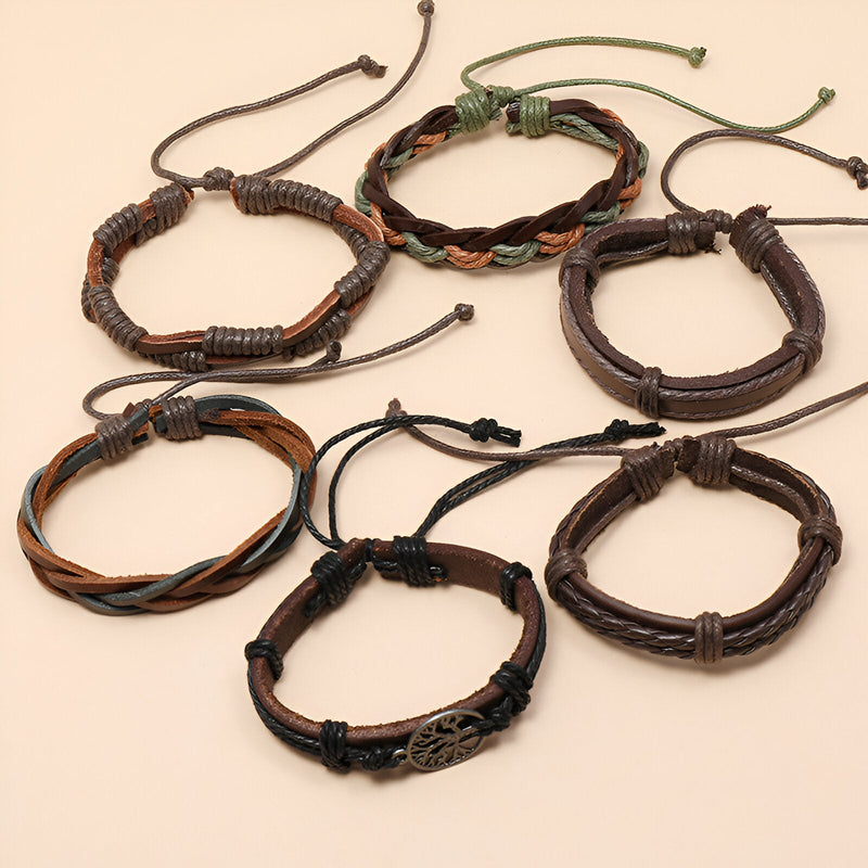 Ensemble de 6 bracelets hommes en cuir marron, style tressé avec motif arbre de vie en métal.