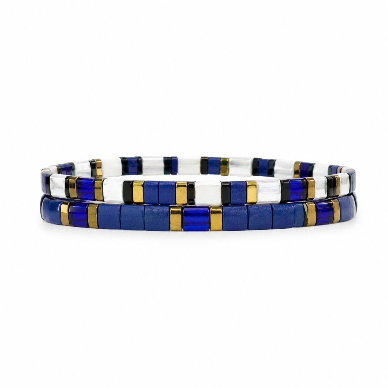 Duo aus Armbändern mit japanischen Miyuki-Perlen in Königsblau und Weiß, Schmuckset für Damen, elastische Armreifen, Set aus zwei Teilen, elegante und ausdrucksstarke Accessoires, Modell Kenade