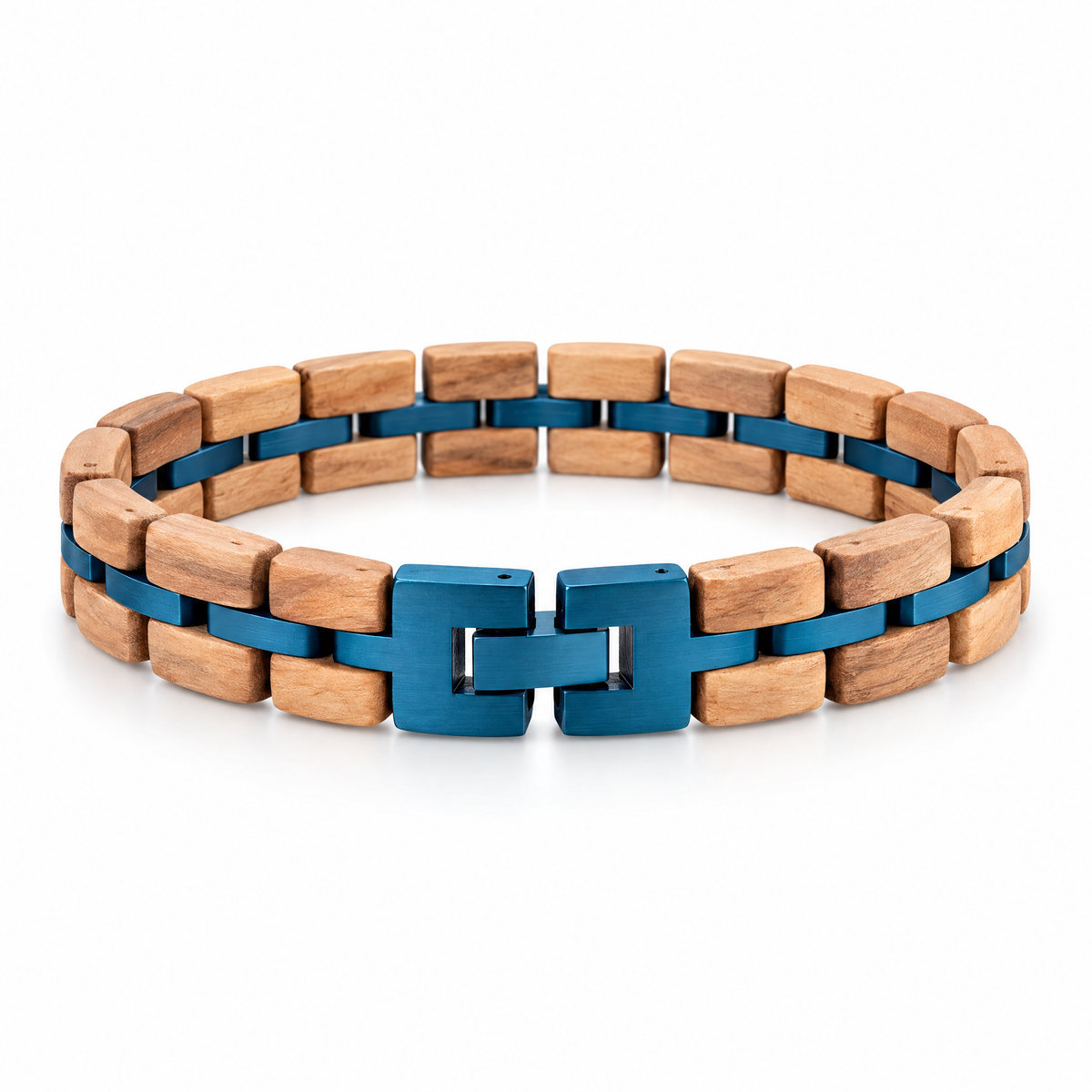 Packshot studio bracelet Geoffroy Beige et bleu, vue de face sur fond blanc — 8 octobre 2026