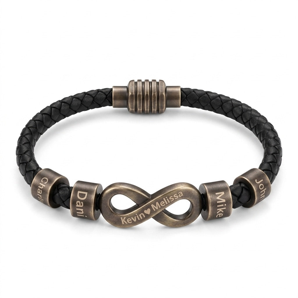 Bracelet infini personnalisable, croûte de cuir noir tressée, 4 anneaux à graver, acier inoxydable, fermoir magnétique, modèle Hestio