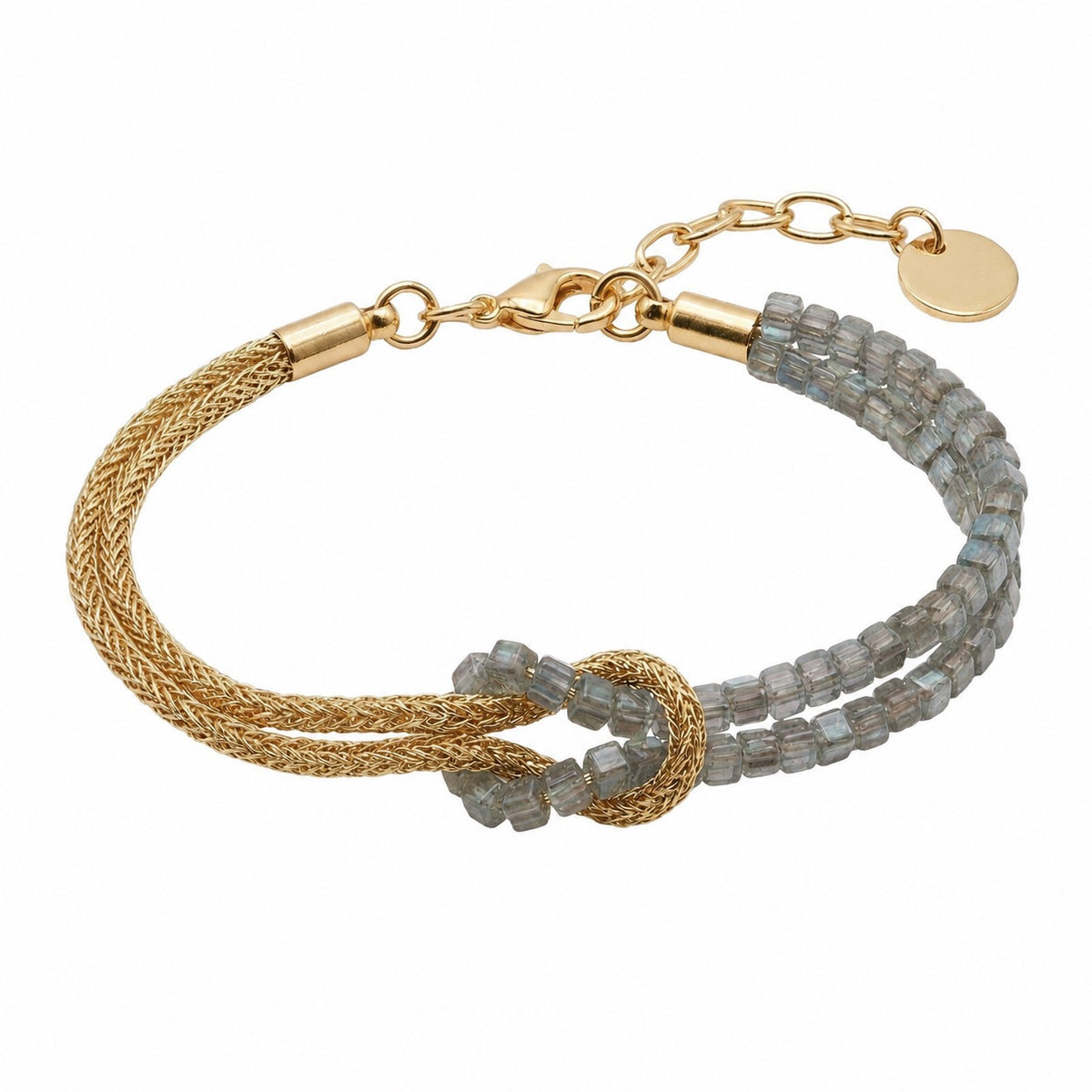 Double-strand bracelet with natural stones, twisted golden cord, central knot, Idecine model