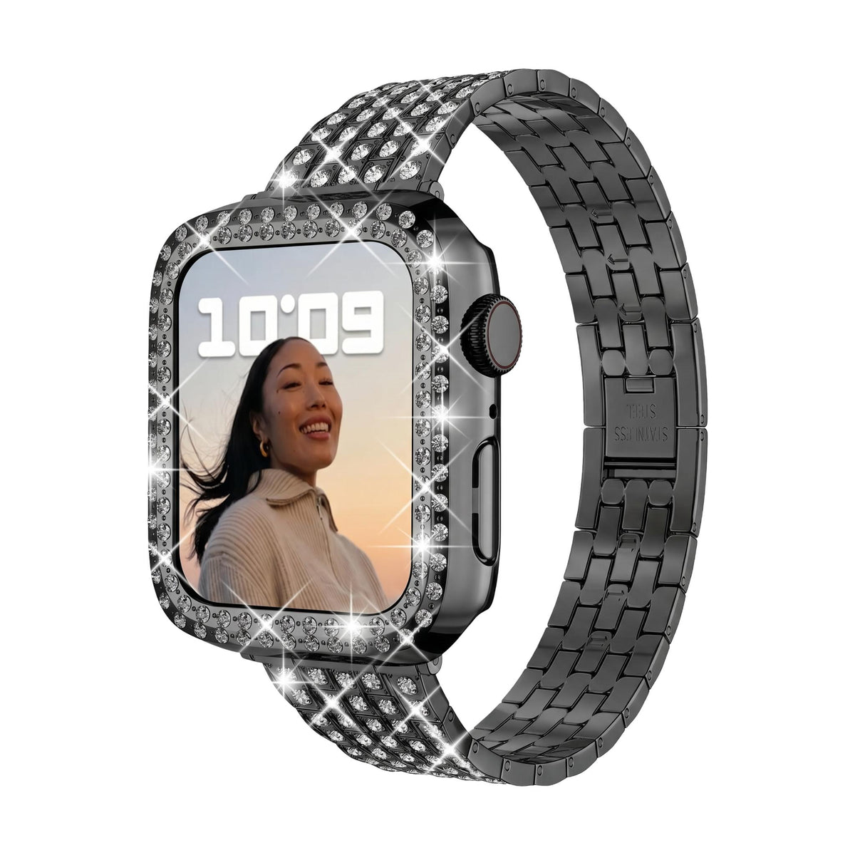 Βραχιόλι και θήκη Apple Watch από ανοξείδωτο ατσάλι, κρίκοι διακοσμημένοι με στρας, για γυναίκες, μοντέλο Fida