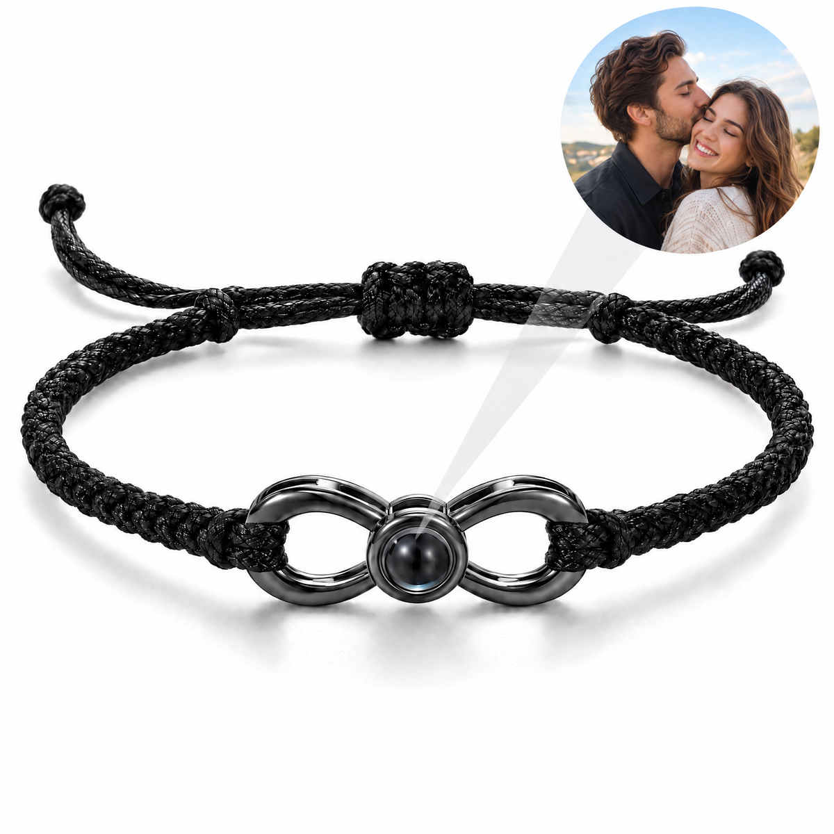 Bracelet photo personnalisé, corde et acier inoxydable, signe infini, modèle Infinity — Noir et noir — packshot studio photo-projection nette