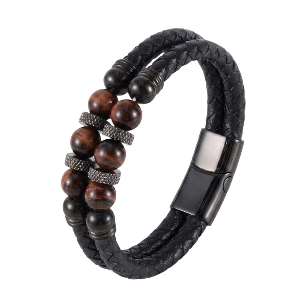 Bracelet élégant, alliance de croûte de cuir noir tressé et œil de tigre, acier robuste avec attache aimantée, modèle Juanito