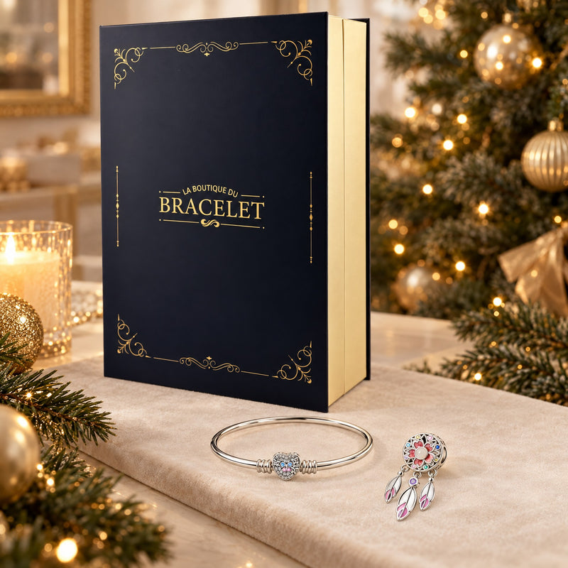Calendrier marine et doré, bracelet à fermoir cœur et charm attrape-rêves