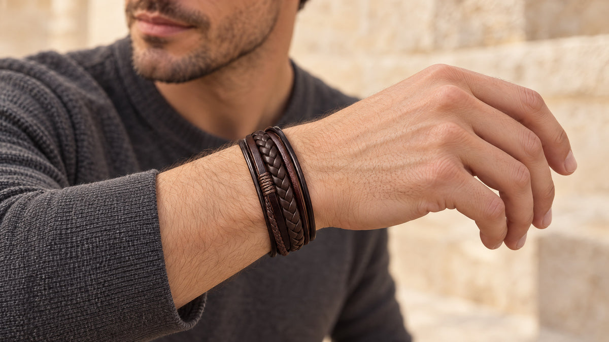 Homme portant le bracelet multirangs tressé Alex marron