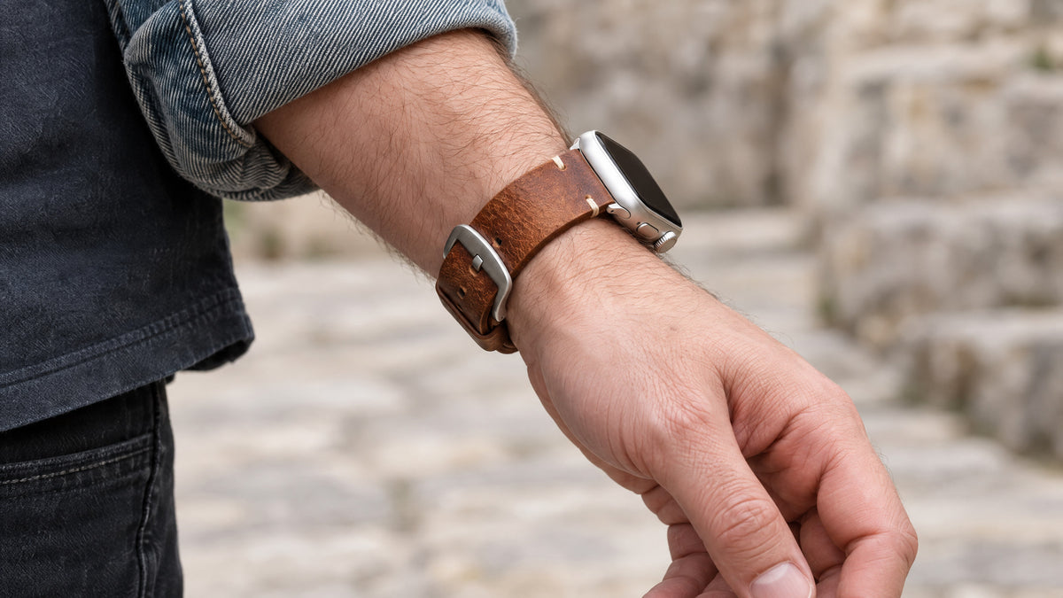 Bracelet de montre Petrus marron et argent porté, montre de démonstration non incluse