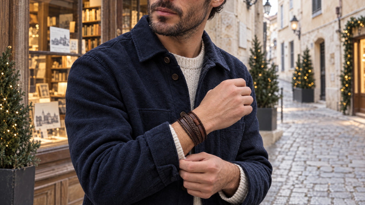 Homme portant le bracelet Alex en cuir marron dans une ambiance de Noël sobre, photographie horizontale