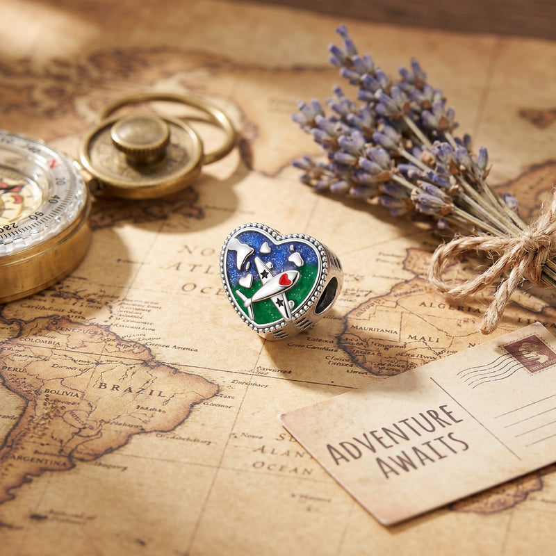 Charm, Pendentif voyage et vacances en argent, pour femme, modèle Cœur Avion Voyageur
