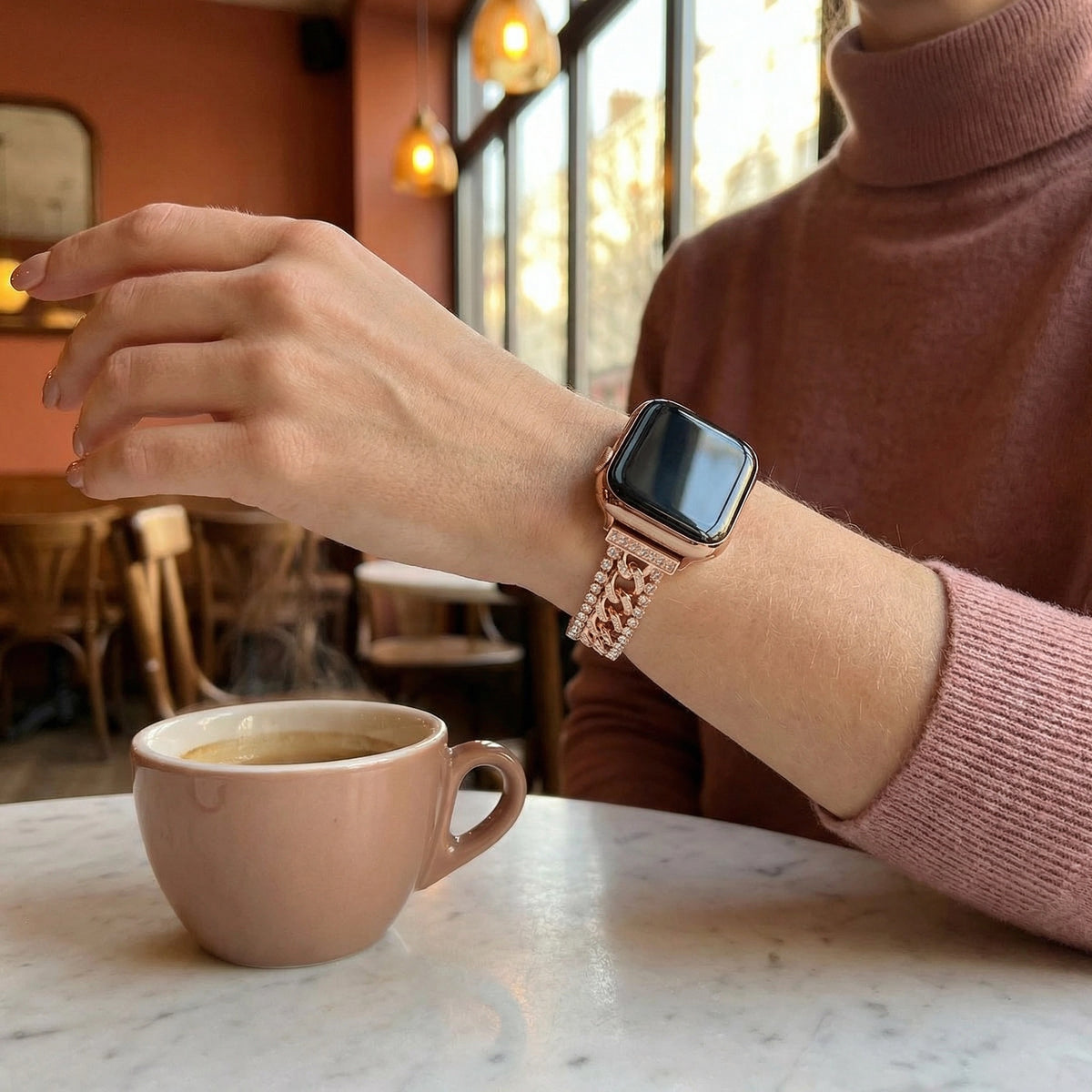 Apple Watch Armband mit doppelter kubanischer Gliederkette und Strass, verstellbare Glieder, für Damen, Modell Kania