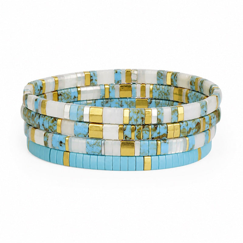 Juego de 4 pulseras de cuentas japonesas Miyuki en turquesa jaspeado y blanco, conjunto para mujer, joyas elásticas para la muñeca, set de cuatro piezas, accesorios veraniegos luminosos, modelo Rinka