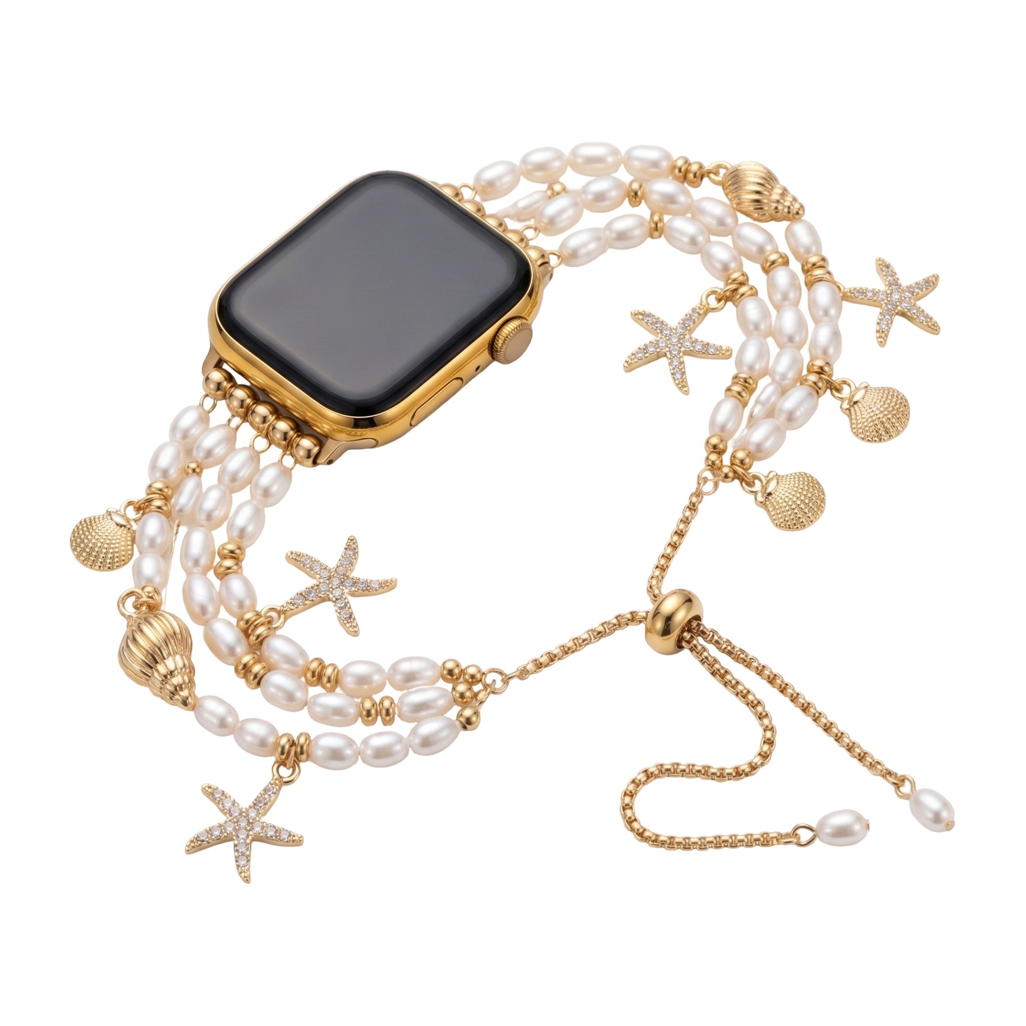Bracelet Apple Watch, perles nacrées, charms marins dorés, fermoir ajustable, bijoux de montre femme, modèle Aquadine