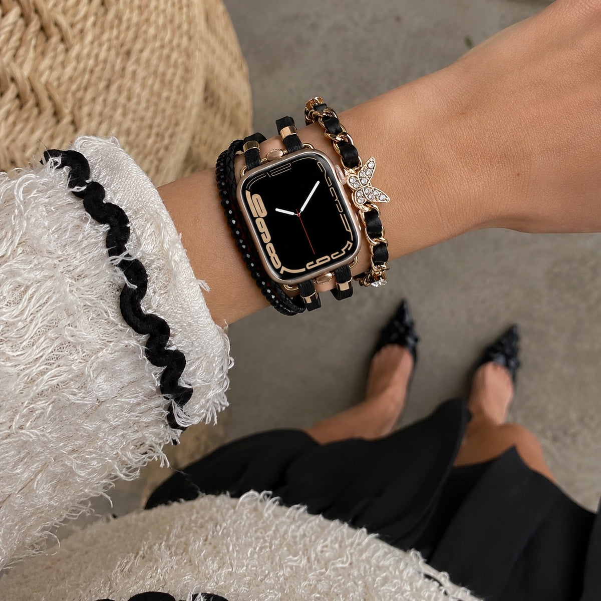 Multi-strand Apple Watch Bracelet, adjustable link design with butterfly charm, chic and elegant, Zoune model
