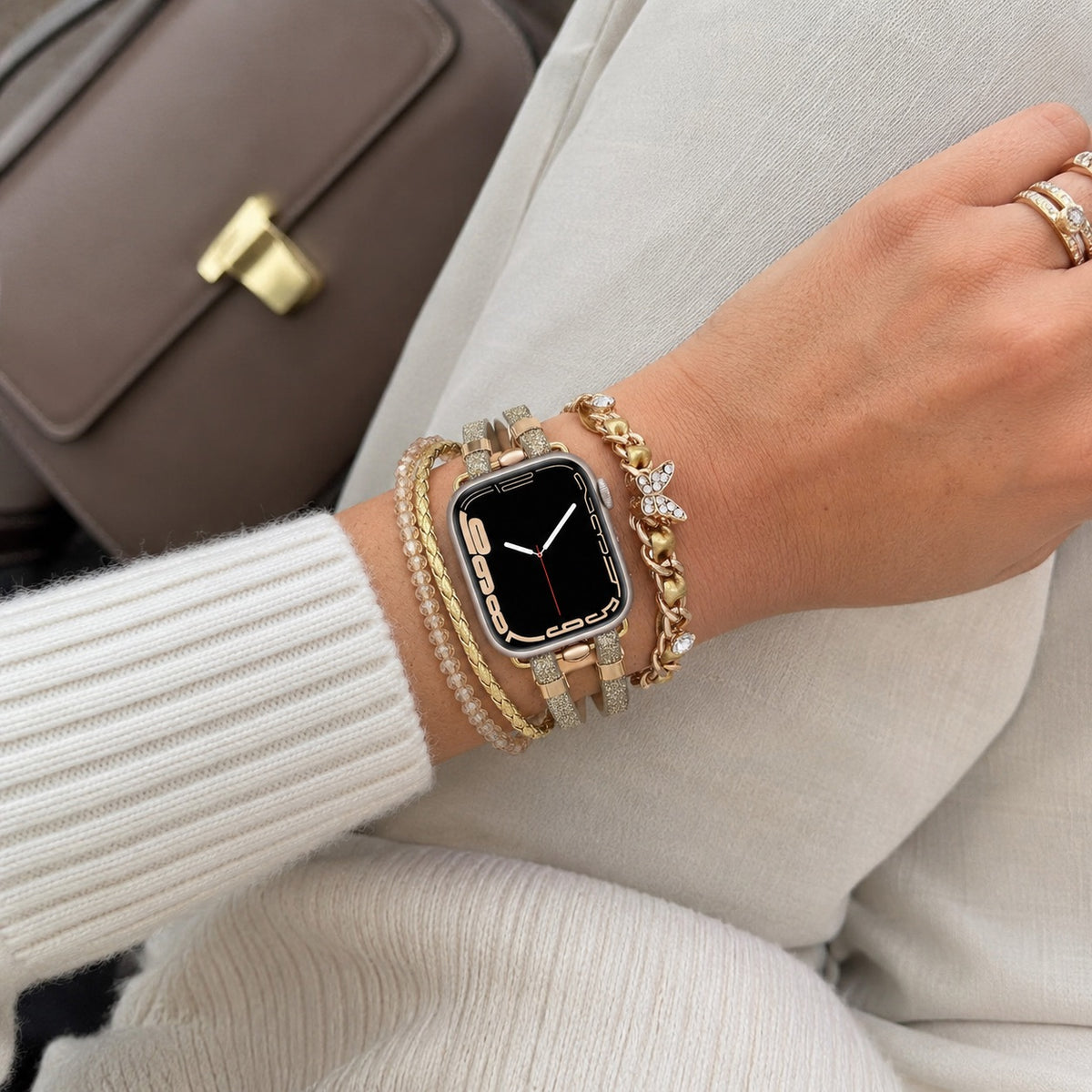 Multi-strand Apple Watch Bracelet, adjustable link design with butterfly charm, chic and elegant, Zoune model