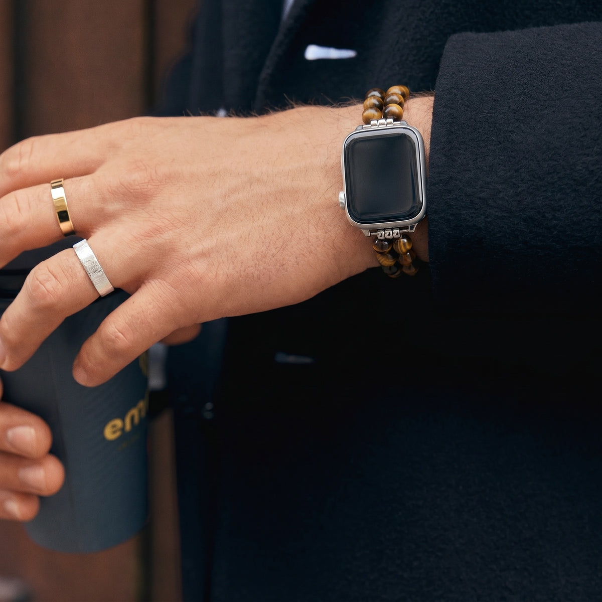 Apple Watch Armband aus Natursteinen, doppelreihig mit Perlen, Metallglieder, Modell Spedzire