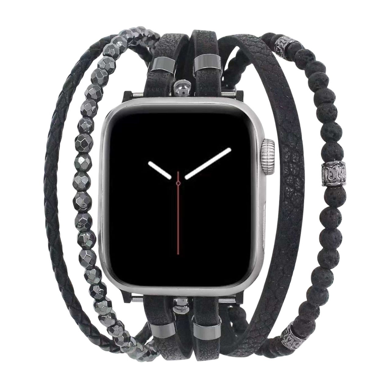 Apple Watch Armband für Herren, mehrreihig, echtes Leder und Vulkangestein, Verschluss aus Edelstahl, markanter Stil, Modell Reyo