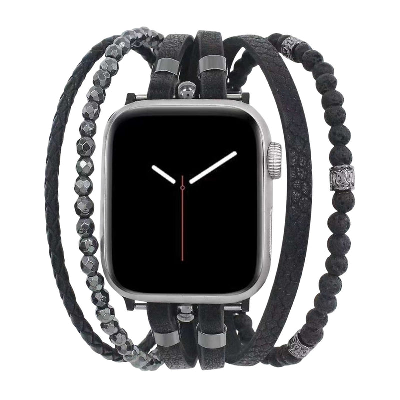Men's Apple Watch Bracelet, multi-strand, genuine leather and volcanic stone, stainless steel clasp, bold style, Reyo model