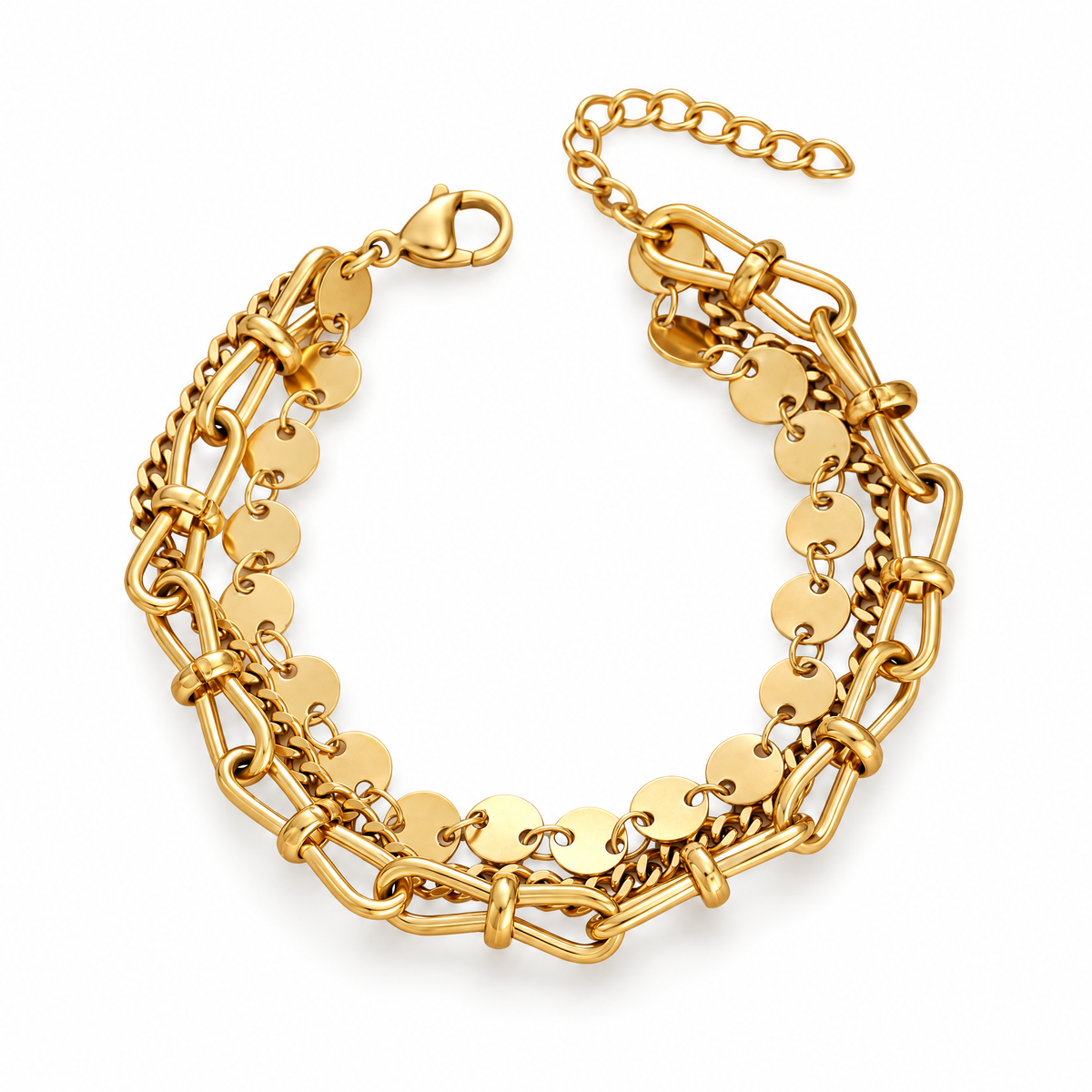 Packshot studio bracelet Bracelet doré, en acier inoxydable, disques ronds et mailles multiples, modèle Rufine Or, vue de face sur fond blanc — 9 octobre 2026