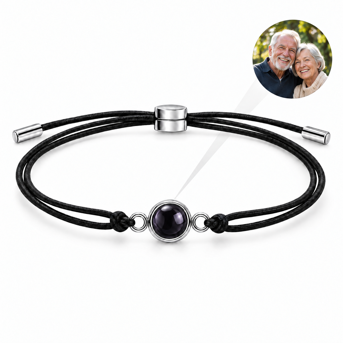 Bracelet photo personnalisé, cordon réglable, perle de projection, modèle Saphile — Noir et argent — packshot studio photo-projection nette